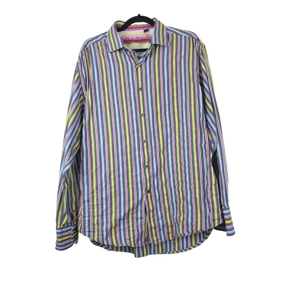 XL ROBERT GRAHAM Stripe Men Button Down Dress Shirt Multicolor Contrast Cuff